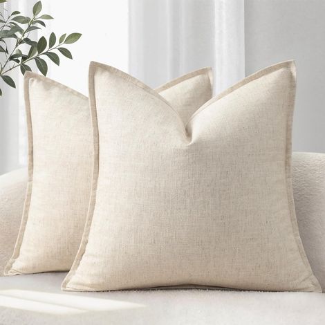 Housse de Coussin 40x40 Lot de 2 Douces et Confortables Housses en Lin Naturel Coussin de Canapé Uni Housses de Coussin Modernes avec Bordure Coussin Décoratif pour Canapé Lit et Salon Beige