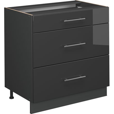 Mobiletto base per cucina Fame-Line, Antracite lucido, 80 cm con 3 cassetti, senza piano di lavoro, Vicco