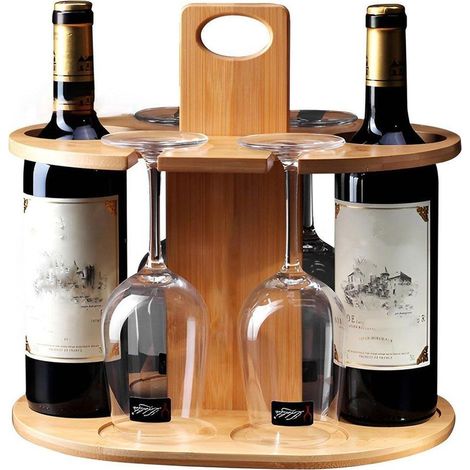 Casier à vin en bambou autoportant, support de rangement pour 2 bouteilles et 4 verres de vin, organisation pratique pour cave, cuisine ou salon (1/5)