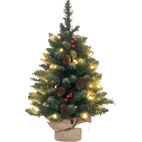 Weihnachtsbaum mit LED-Beleuchtung, 60 cm, Tannenzapfen und roten Beeren, inklusive Ständer, grün und weiß (1/5)