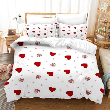 Bettwäsche-Set 200x200cm mit Herz-Motiv, Mikrofaser, Rot, 1 Bettbezug & 2 Kissenbezüge