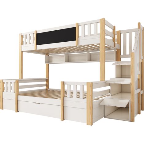 Lit superposé enfant 3 places 90x200 et 140x200 avec tableau noir, rangements, blanc naturel (1/5)