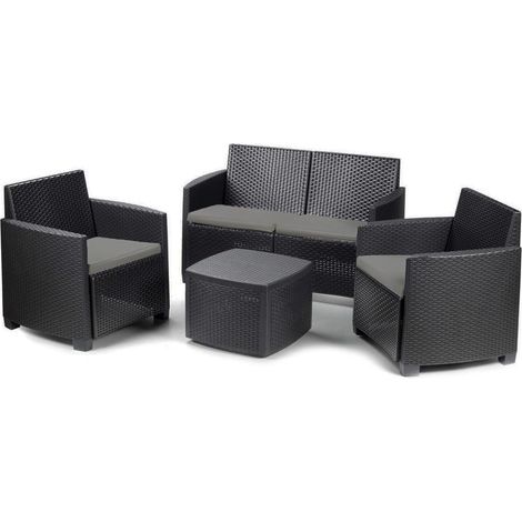 Salotto da giardino e terrazzo COMO per 4 persone in rattan Antracite - Set completo con 1 divanetto, 2 poltroncine, 1 tavolino 3 in 1 (piano d’appoggio, pouf e contenitore) e cuscini inclusi (1/5)