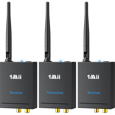 Émetteur Récepteur Audio sans Fil (1 TX+2 RX), Longue Portée 2,4GHz Son HiFi Faible Latence, Connexion TV vers 2 Haut-Parleurs Actifs/Chaîne Stéréo/Barres de Son, RCA 3.5mm AUX In/Out (1/5)