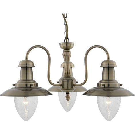 Searchlight Fisherman - Luminaire suspendu à 3 ampoules à bras multiples, laiton antique, verre grainé, E27 (1/3)