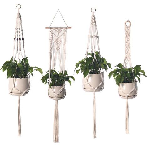 Jardinière Suspendue en Macramé, Lot de 4 Jardinières Suspendues en Corde de Coton pour Décoration Murale Intérieur Extérieur Plafond Balcon, Blanc (1/5)