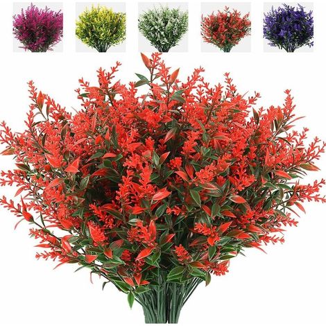 Artificial Lavender Flowers Plants 8 Bundles UV Resistant Faux Outdoor Plastic Greenery Shrubs Plants Hanging Planter Kitchen Home Wedding Office Garden Decor (Orange Red) (1/5)