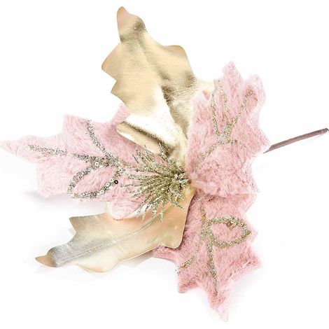 Poinsettias piques or et rose en fausse fourrure douce pailletée or, set de 16, diam. 27 x H. 20 cm
