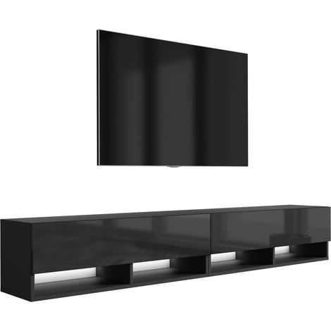 Meuble TV : (2 x 100) Noir Mat / Noir Brillant, LED blanche, 200 × 32 × 34 cm (1/5)