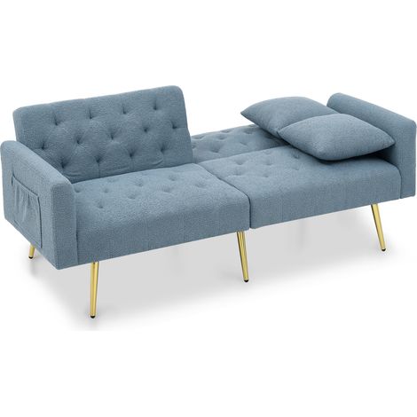 Canapé 2 places en tissu teddy boucle beige avec dossier inclinable 3 positions et pieds en métal doré (1/5)