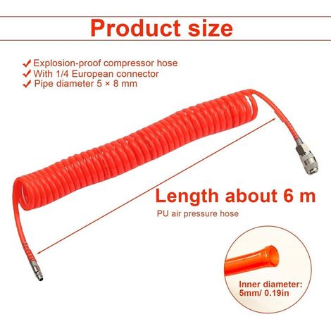 6 Meter langer Kompressorschlauch, flexibler PU-Kompressorschlauch, ausgestattet mit einer 1/4-Zoll-Schnellkupplung, explosionsgeschützter Kompressorschlauch, Durchmesser 5 × 8 mm (maximaler Druck 10 (1/5)