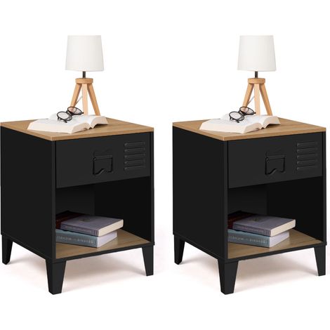 Lote de 2 mesillas ESTER de 1 cajón de metal negro con hornacina y tapa de haya de estilo industrial (1/5)