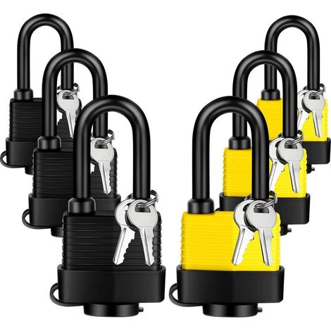Cadenas à clé identique, résistants aux intempéries, lot de 6 (3 jaunes/3 noirs)