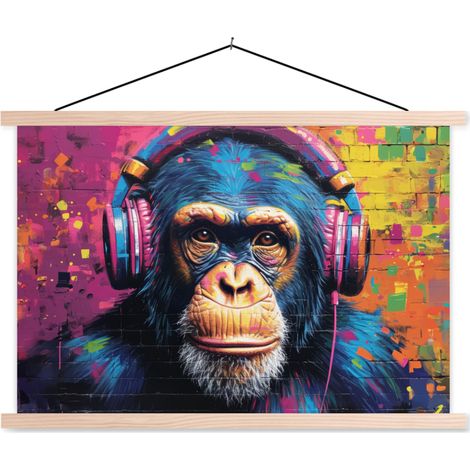 AFFICHE AVEC CADRE MAGNÉTIQUE Graffiti - Chimpanzé - Street art - Casque audio - Singe 60x40 (1/3)
