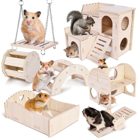 Hamster Toys Set of 7 Hamster Toys Hamster Accessories Wooden Guinea Pig Chew Toy Hamster Wheel Swing House for Gerbils, Rats, Dwarf Hamsters, Chinchillas (1/5)
