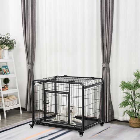 Niche pliable pour chien avec double porte et serrure. 4 roues avec freins et fond amovible. 94 x 58 x 69,5 cm. Grise. (1/5)