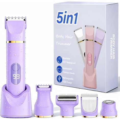 Female Electric Shaver Trimmer 5-in-1, IPX7 Waterproof, Purple On Dry or Wet Skin, Women's Shaver, for Face, Legs, Armpits and Pubic Area, Waterproof (1/5)