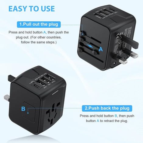 Adaptateur de chargeur universel avec 3 ports USB 2,4 A, compatible avec l'UE, le Royaume-Uni, les États-Unis et l'Asie, contact avec plus de 150 pays de couleur noire