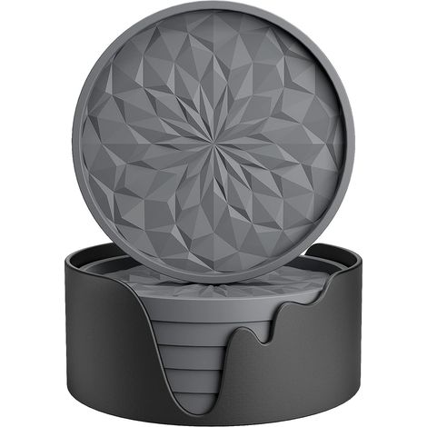 Set di 6 sottobicchieri in silicone con supporto, adatti per bevande calde o fredde, spessi, antiscivolo, antiaderenti, con vassoio profondo - Grigio scuro (1/5)