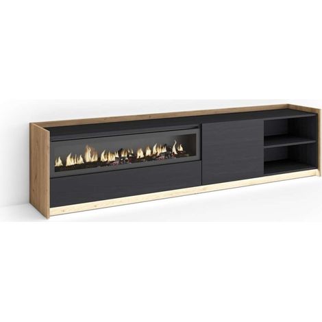 Mueble TV Moclinejo-02 de 207x50x37 cm con chimenea y luces LED, color negro y roble (1/4)
