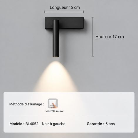 Applique murale liseuse LED COB 5W spot orientable tête de lit noir 13 × 13 × 19 cm 400 g – Livraison gratuite