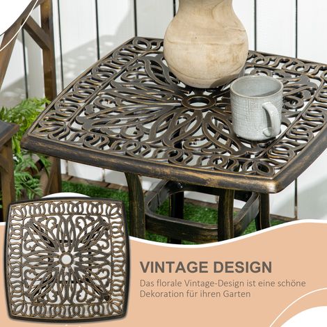 Table de jardin vintage décorative avec orifice pour parasol, en aluminium coulé, finition bronze, 54 x 54 x 52,5 cm (1/4)