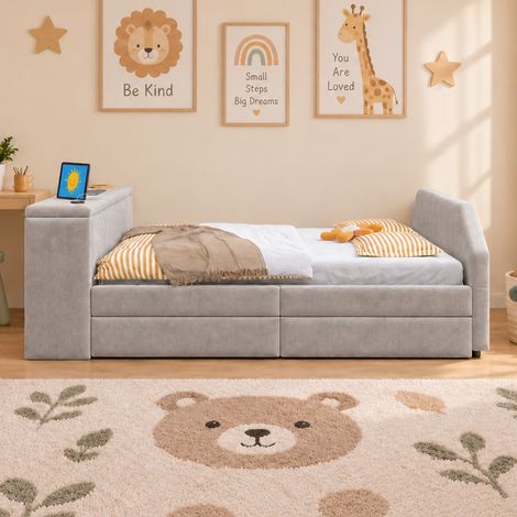 Kinderbett 90x200 cm Samt grau mit USB-Schreibtisch und Ausziehbett – MEUBLIV (1/5)