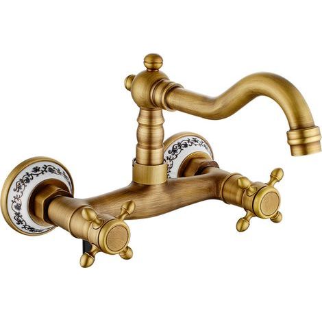Robinet de cuisine mural vintage pivotant à 360° , Robinet lavabo vintage avec céramique en laiton avec eau froide et chaude mélangeur d'évier antique (ancien) (1/5)