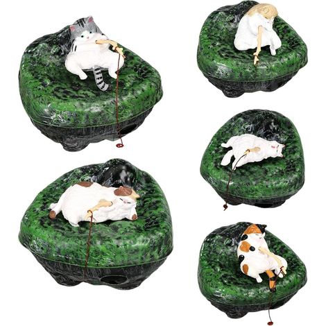 Ornement d'Aquarium en Forme de Chat 5 Ornements Flottants Mignons Statue de Chat Pêcheur Convient pour Aquarium, Bassin, Fontaine, Piscine, Jardin, Cour, Intérieur et Extérieur (1/5)