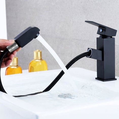Mitigeur lavabo - Noir - Douchette extractible - Installation monotrou - Alliage de zinc (1/4)