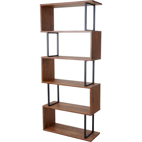 [NON UTILIZZATO] Libreria scaffale 3D MDF HHG-091 5 ripiani 30x80x183cm legno metallo color rovere scuro