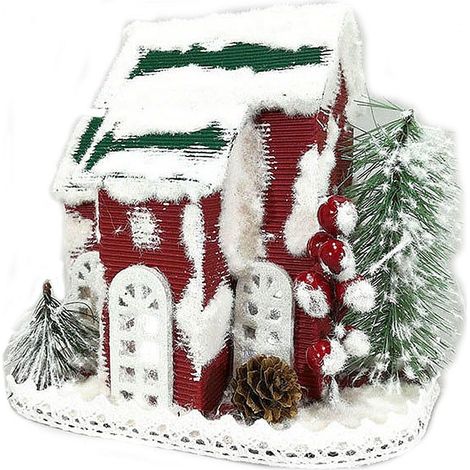 Casa rossa villaggio casetta con neve alberi e luci decorazioni di natale idea regalo natalizio addobbi ornamento per casa (1/5)
