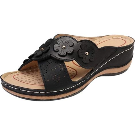 Pantuflas de verano para mujer - Sandalias huecas para mujer - Estampado floral - Tacón inclinado - Suela gruesa - Sandalias huecas para mujer (1/5)