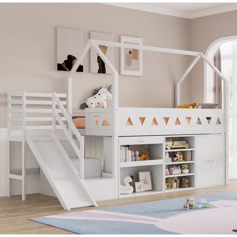 Lit enfant multifonction en bois massif blanc 90x200 cm avec toboggan, escalier, tiroirs, rangement et sommier à lattes