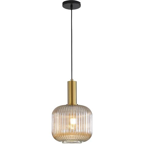 Suspension Vintage Industrielle en Verre Canelé, Plafonnier Lustre avec finition Laiton Brillant, Lampe Suspendue pour Cuisine Salle à Manger Séjour Chambre (Couleur Ambré, Ø20 cm) (1/5)