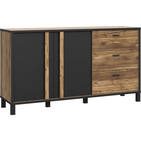 Buffet 155 cm 2 portes 3 tiroirs décor bois noir pieds noir - CELIA (1/5)
