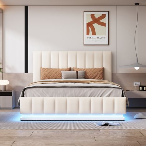 Letto contenitore matrimoniale con LED, rete e testiera, senza materasso, bianco - 140x200 cm (1/5)