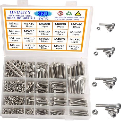 320pcs Vis, Acier Inoxydable A2-70, Tête Cylindrique Six Pans Creux, Écrous Assortis M3 M4 M5 M6, Kit Rangement (1/5)