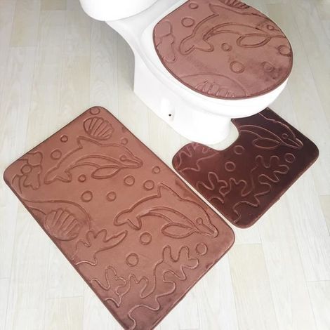 3-piece set - embossed flannel toilet seat cover in dark brown dolphin print, sizes 5080CM, 5040CM, 4338CM