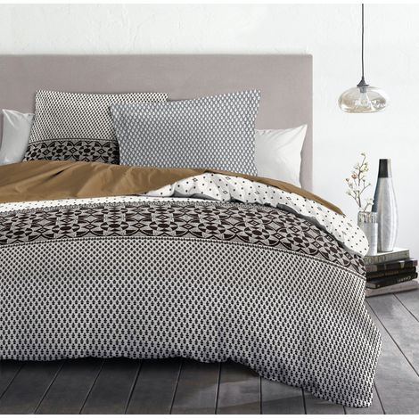 Parure de lit 100% coton 57 fils chocolat 240x260 cm – Housse de couette avec boutons dissimulés – Lot de 2 taies 63x63 cm – Home Linge Passion (1/4)