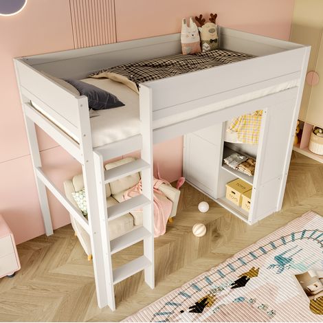 Cama alta infantil 90x200 cm con armario independiente, compartimento de almacenaje, espacio inferior abierto, escalera y barandilla, madera de pino y MDF, blanco CHICFURN (1/5)