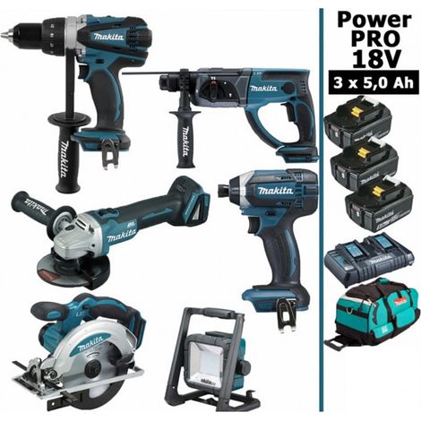 Pack Makita Power PRO 6 outils 18V: DDF458 + DHR202 + DGA504 + DTD152 + DSS610 + Projecteur + 3 batt 5Ah + sac (1/5)