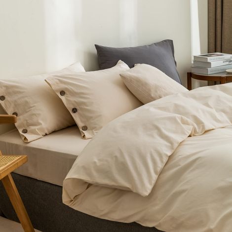 Parure de lit 3 pièces en coton lavé avec housse de couette 220 x 240 cm et 2 taies d'oreiller de 80 x 80 cm, pour homme et femme Beige uni (1/5)