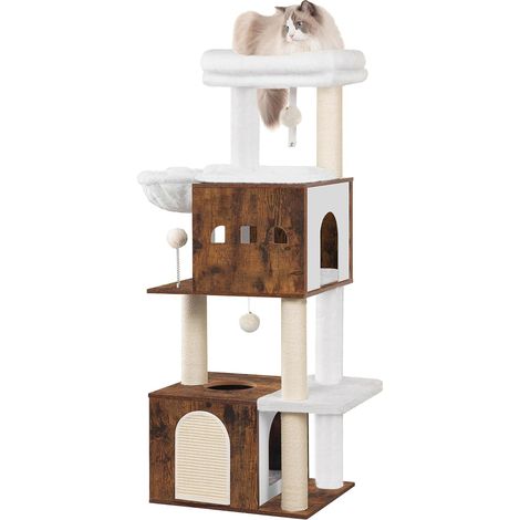 130 cm Arbre a Chat, Arbre a Chat Bois, Grande Plateforme, 2 Niches, 4 Griffoirs, Hamac, 3 Pompons, Marron Rétro (1/5)