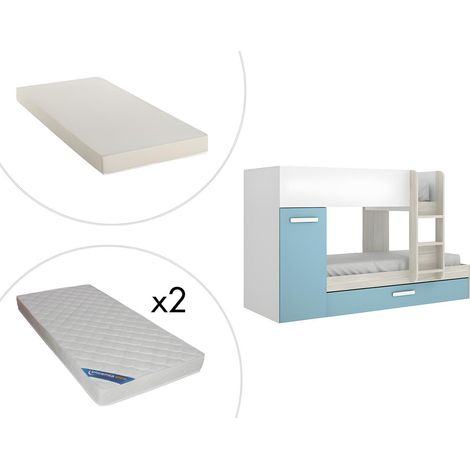 Letto a castello con contenitori 3 x 90 x 190 cm Bianco Rovere e Blu + Materasso - ANTHONY (1/5)