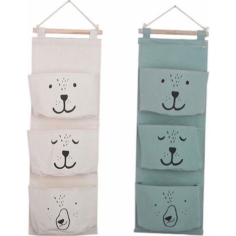 Lot de 2 sacs de rangement suspendus en coton pour placard mural, organiseur mural avec 3 poches pour salle de bain, chambre à couc