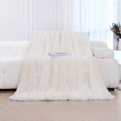 Couverture 160x200 cm, Chacune est la Seule Plaid Arc-en-Ciel, Plaid Fausse Fourrure, Plaid Polaire Poil Long Douce et Confortable, Plaid Canape, Blanc cassé (1/5)