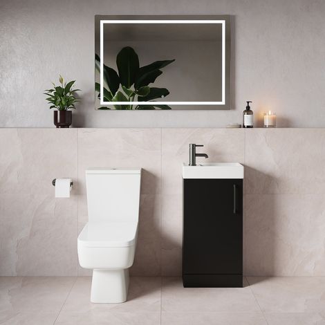 Napoli Cube Matt Black 400mm Single Door Vanity Unit and Toilet Suite with Align Basin - 400mm - Gunmetal Grey 160mm Handle