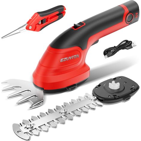Cisaille à Gazon et Taille-Haie sans Fil 2 en 1, 8V Coupe-Bordure avec Batterie Amovible 2000 mAh, 2 Lames Interchangeables pour Buissons, Arbustes, Branches et Bordures (Rouge) (1/5)