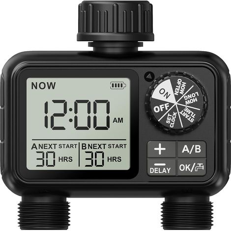 Ordinateur d'irrigation, minuteur d'arrosage avec Retard de Pluie/Mode Automatique et Manuel, IPX5 étanche/Grand écran LCD, minuterie d'eau pour Jardin, pelouse (2 Sorties) (1/5)